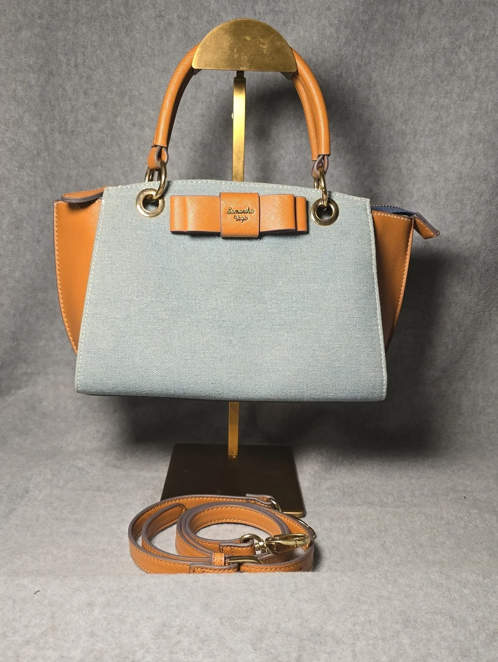 Light Blue Denim & Tan Leather Bow-Trim Satchel